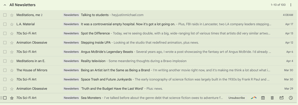 A screenshot of Justin's newsletter section of his inbox, filled with emails.