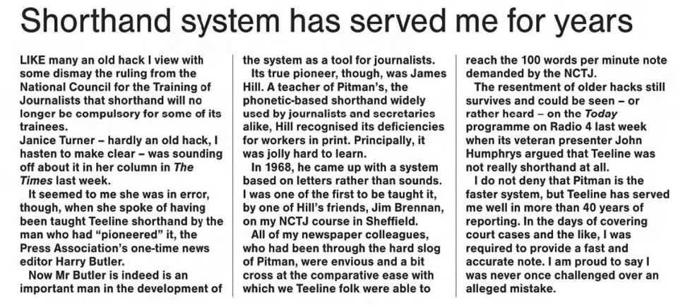 Oxford Times article on Teeline from 2016