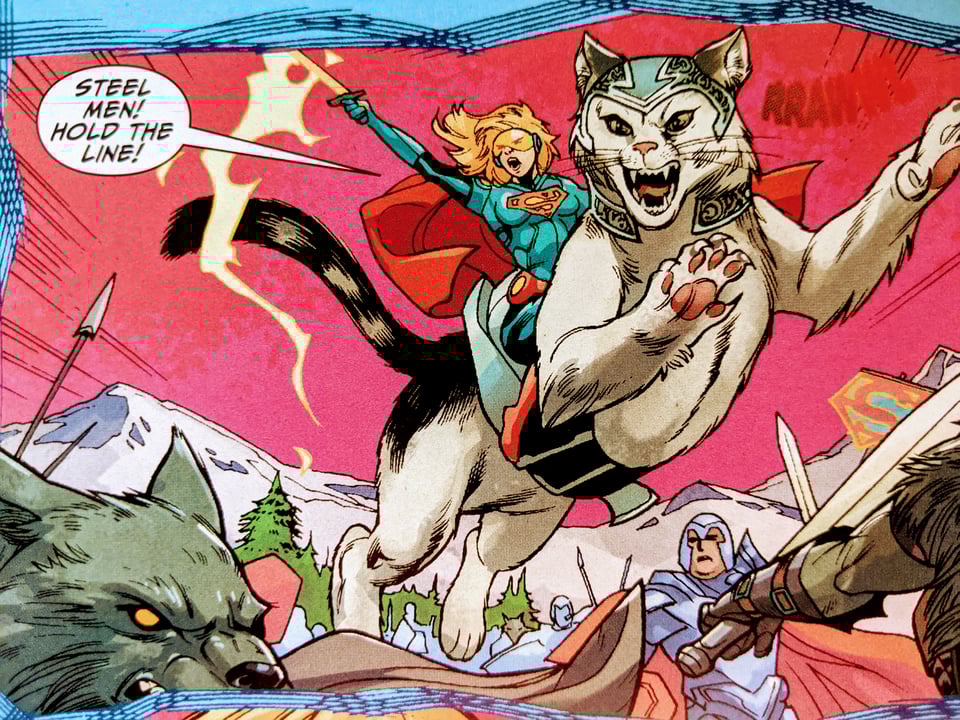 Supergirl, wearing a yellow visor, rides on top of a giant cat, riding into battle. She shouts, "Steel men! Hold the line!"