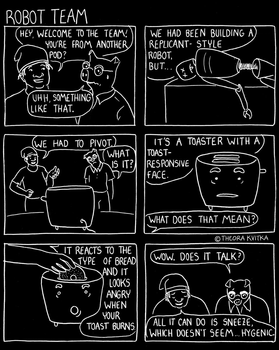 A six panel comic titled "Robot Team", which is taking place in the beta dimension, represented by the dark UI style. Darlington joins a team making a replicant robot which was re-scoped into a toaster.
