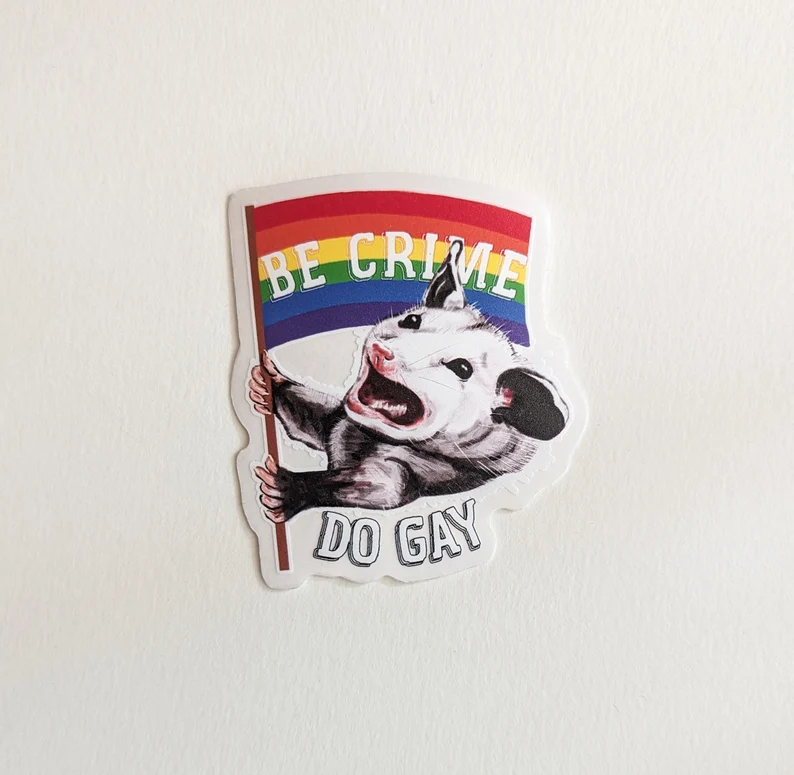 A sticker of a possum with a rainbow flag. It says "be crime do gay"