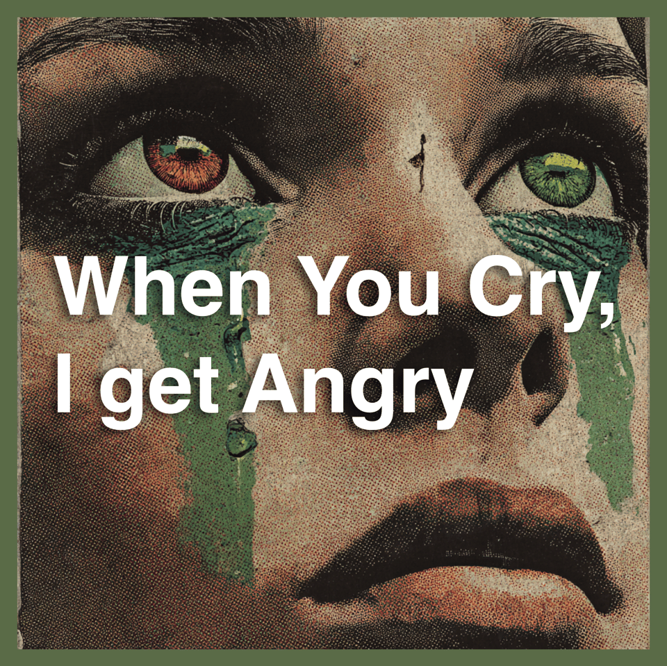 a woman crying green tears, two different colored eyes