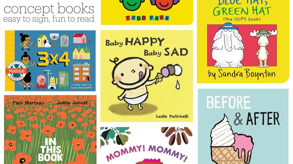 Slide from a presentation on reading books to your deaf child. Text: Concept books; easy to sign, fun to read. Image: A set of children's book covers laid out in an uneven tile pattern. Books shown are "3x4," "In this Book," "The Okay Book," "Baby Happy, Baby Sad," "Mommy! Mommy!," "Blue Hat, Green Hat," and "Before & After."