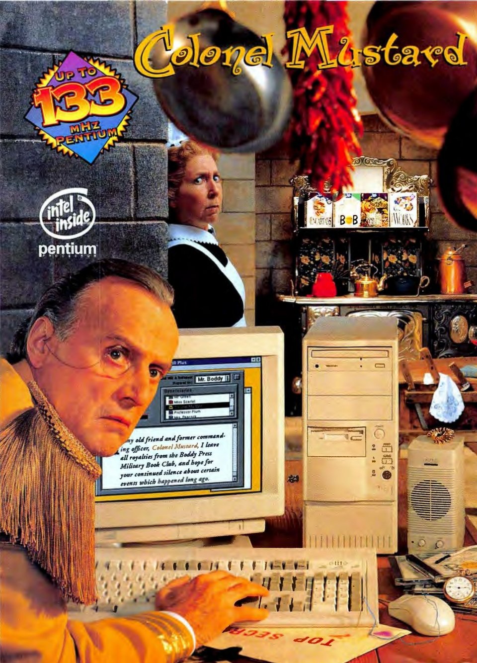 Colonel Mustard is sneaking around on Mr. Boddy's desktop computer, attemping to alter the will before it's read. Mrs. White is hiding in the background, watching.