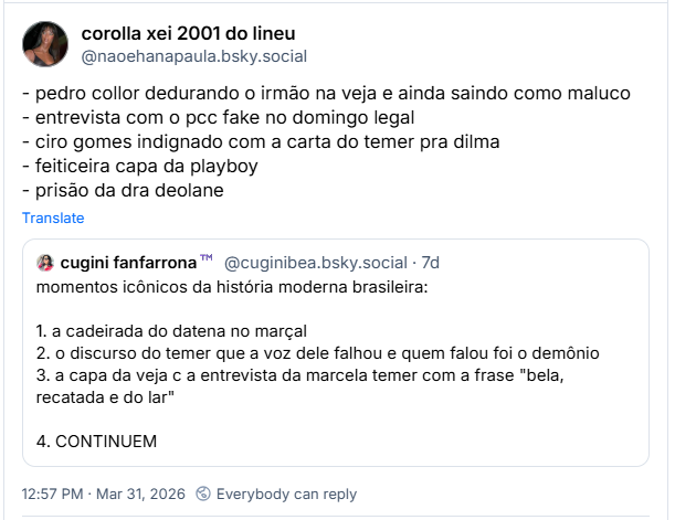Post de corolla xei 2001 do lineu (‪@naoehanapaula.bsky.social‬)

- pedro collor dedurando o irmão na veja e ainda saindo como maluco
- entrevista com o pcc fake no domingo legal
- ciro gomes indignado com a carta do temer pra dilma
- feiticeira capa da playboy
- prisão da dra deolane
