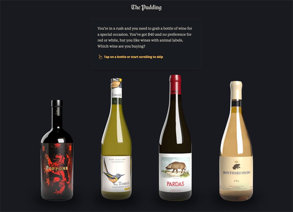 Four wine bottles with animal labels: a lion, a bird, a boar, and a toad.
