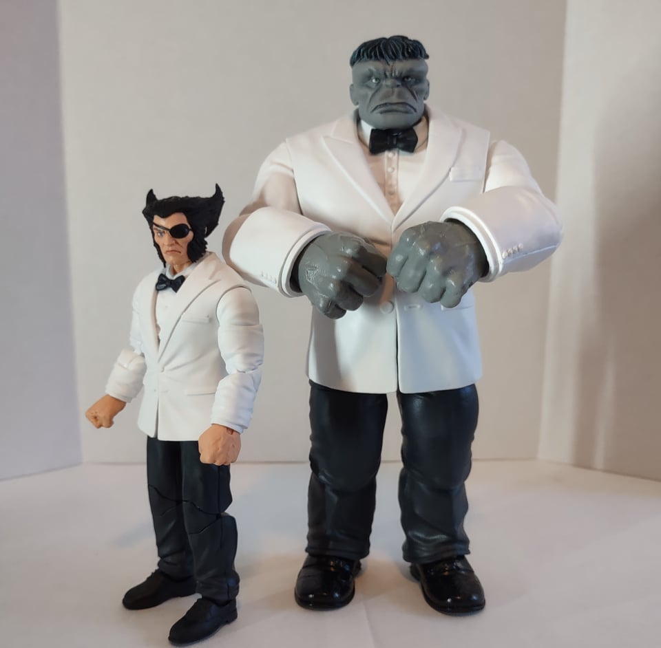 Two action figures dressed in white tuxedo jackets with black slacks and bow ties. One, Patch, looks suspiciously like Wolverine wearing an eyepatch. The other, Joe Fixit, looks suspiciously like the Hulk wearing a tuxedo
