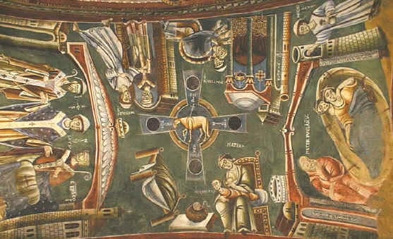 images from life of St. Nicholas on ceiling of chapel at Novalesa, Italy