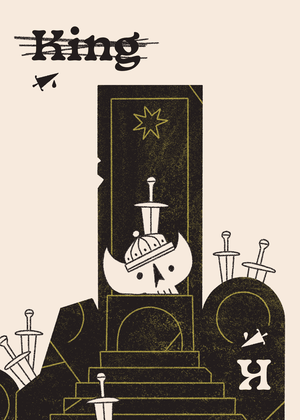 A horned and crowned skull sits upon a broken throne. Knives are stabbed into the crown and the throne itself. The word 'king' is crossed out.