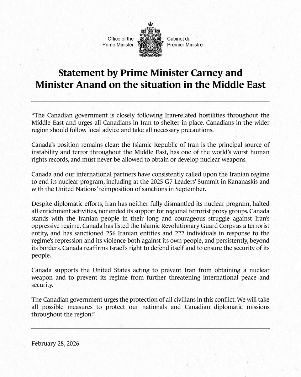 Prime Minister Carney on Trump’s illegal attack on Iran