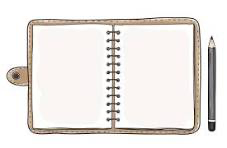 sketch of a notebook and pencil.