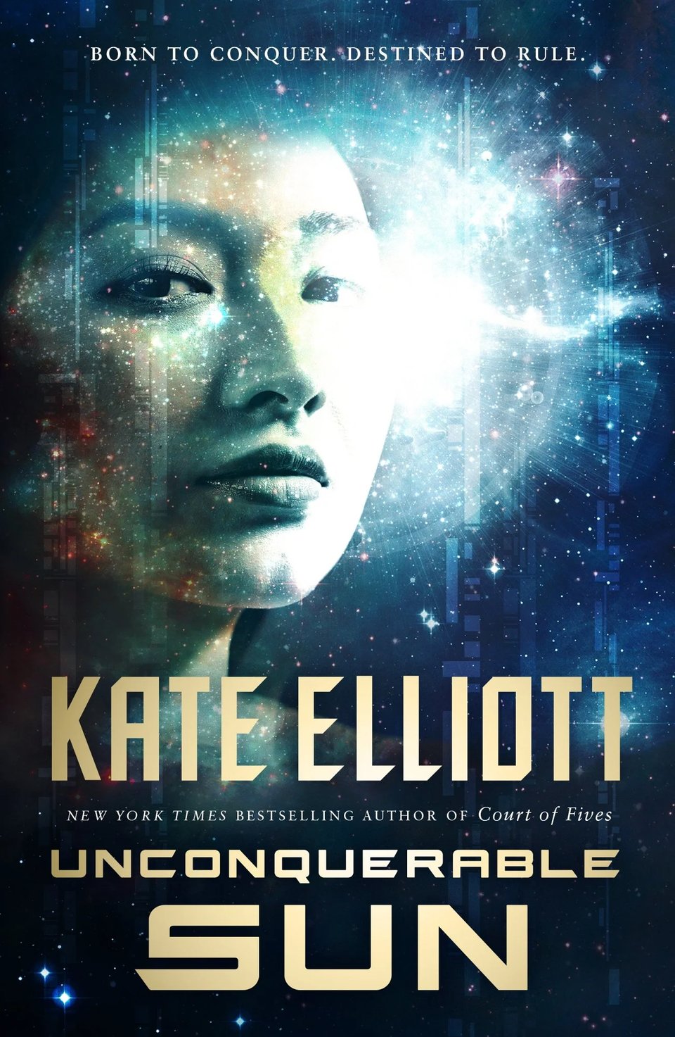 Book cover of Kate Elliott's Unconquerable Sun, showing the titular character's face against a starry backdrop.