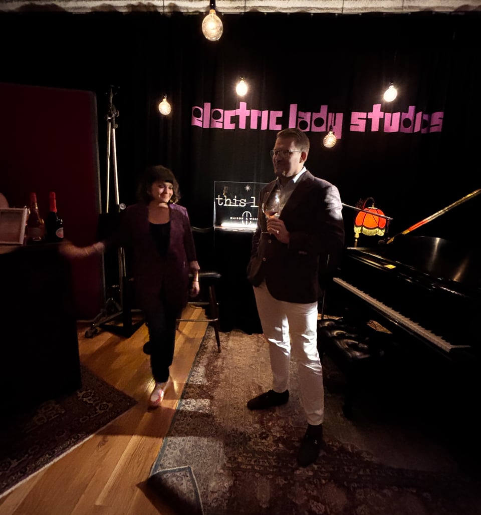 Pop singer Nora Jones with Robert Wessman of Maison Wessman wines launching This Life wine at Electric Lady studios, New York City