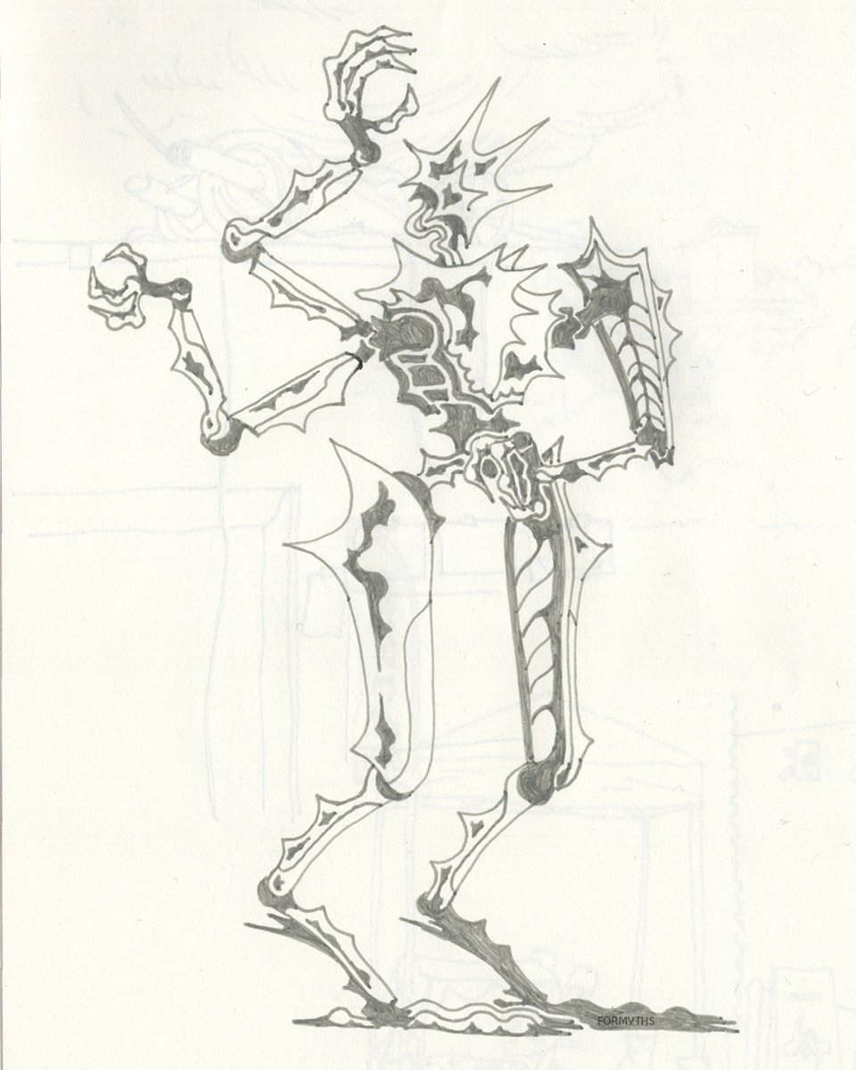 drawing of a insect-carapace influenced mech, all spikes and jointed arms