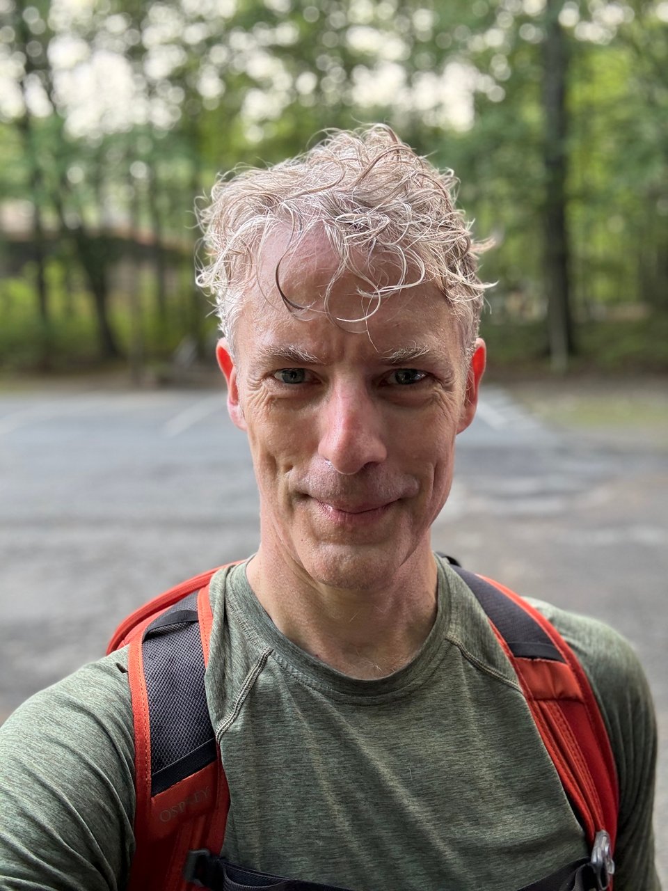 Portrailt-mode selfie of white man in green hiking shirt with red backpack straps visible. He is sweating profusely, but looks happy