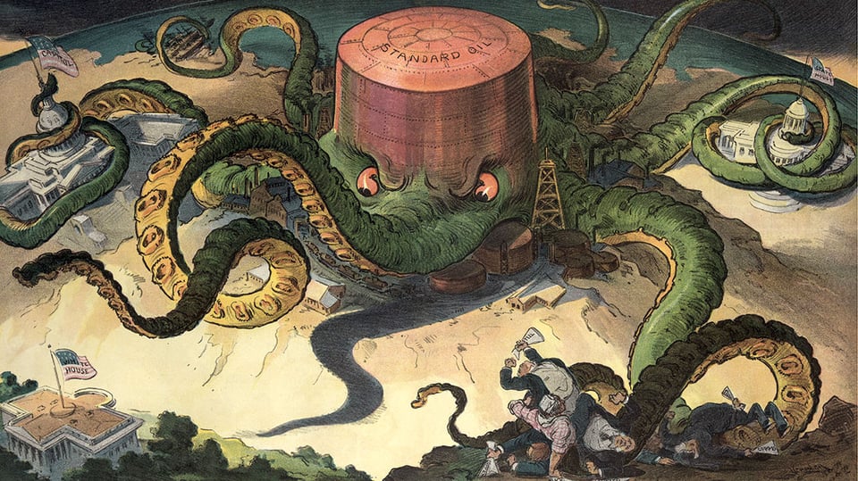 Illustration shows a “Standard Oil” storage tank as an octopus with many tentacles wrapped around the steel, copper, and shipping industries, as well as a state house, the U.S. Capitol, and one tentacle reaching for the White House…