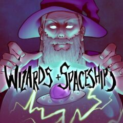 Image is the logo of the "Wizards + Spaceships" podcast, showing a wizard holding his hands above what appears to be an UFO.