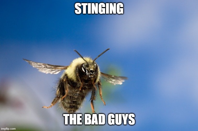 an image of a honeybee "stinging the bad guys"