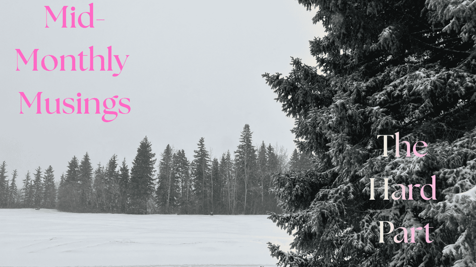 A snowy field with tall evergreens, and a closer evergreen at right foreground.
Mid-Monthly Musings in pink, at upper left. The Hard Part in gradient, like pink lemonade, at lower right.