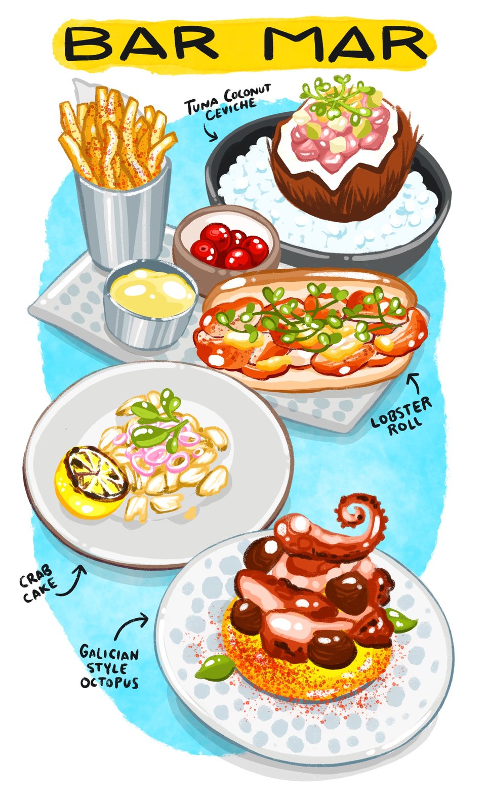 Tuna coconut ceviche, lobster roll, crab cake and Galician style octopus at Bar Mar