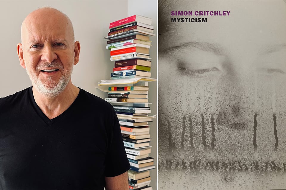 Two photos: left, author Simon Critchley in a black v-neck T-shirt standing in front of a vertical bookshelf; right, the cover of Simon's new book, MYSTICISM
