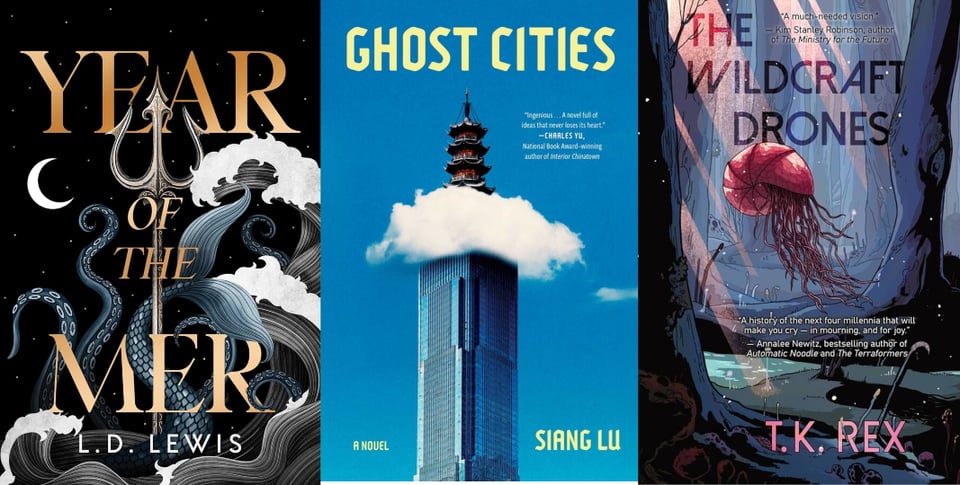 Covers of:
Year of the Mer by L.D. Lewis (tentacles, waves, trident)
Ghost Cities by Siang Lu (a skyscraper with a weird cloud on top)
The Wildcraft Drones by T.K. Rex (weird jellyfish robot in the forest)