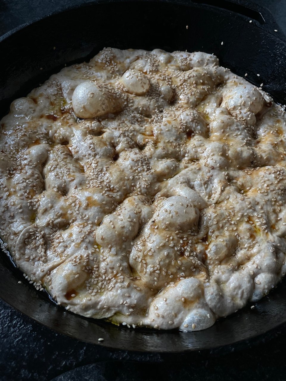 bubbly focaccia ready to bake
