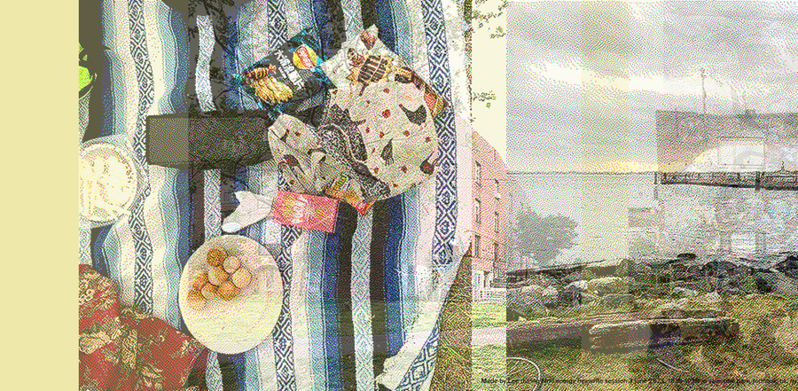 layered dithered images of a blanket and pier on the waterfront