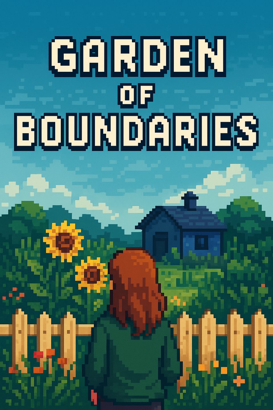 AI-generated pixel art cover image for Garden of Boundaries, showing a woman standing outside a fence around a house and garden, looking in but not entering.