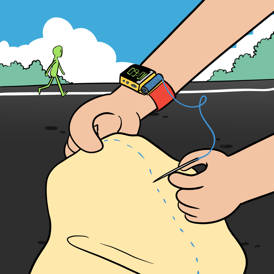 A man is sewing a cloth with some blue thread that is being dispensed from an in built spool on his watch.