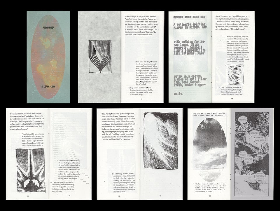 spreads from a tall, narrow zine - the cover features an oval of sunset-orange sky on slate green paper, and the spreads feature short sections of text interspersed with grayscale pencil drawings.
