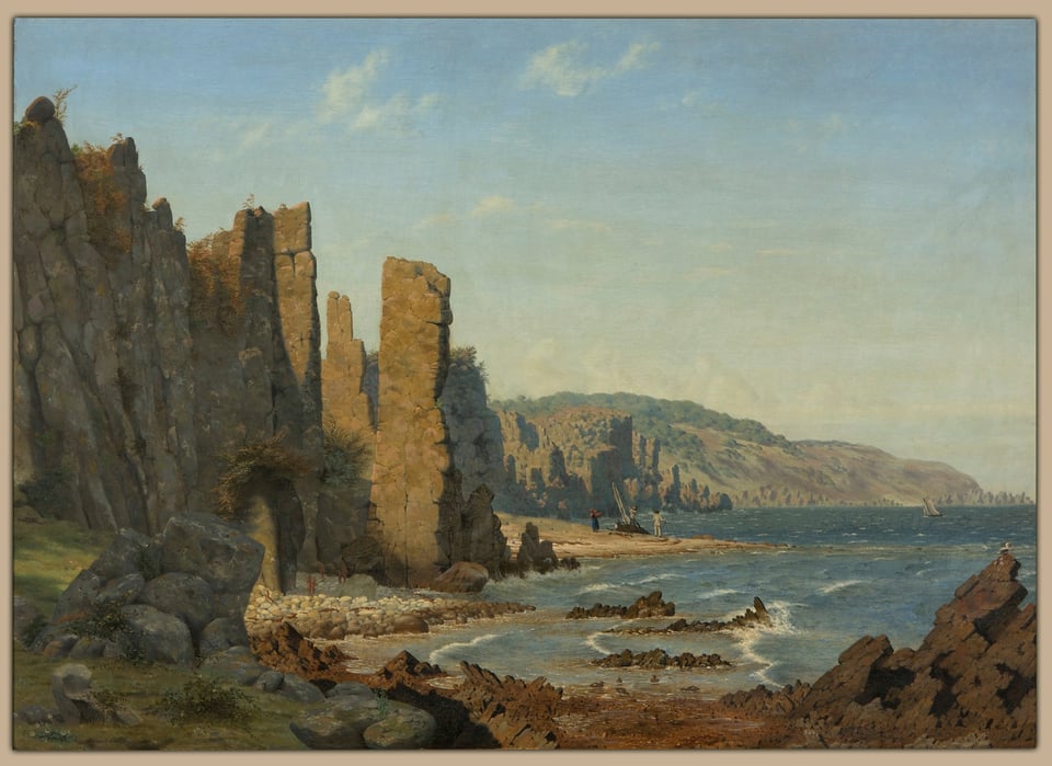 a painting of cliffs and a beach