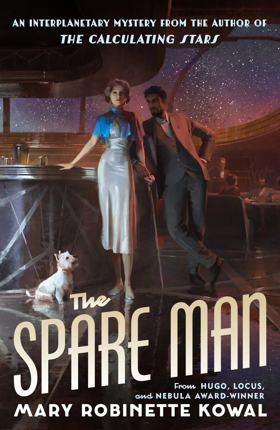 Book cover for Mary Robinette Kowal's The Spare Man, showing the main characters (and their dog) on board a space cruise ship.