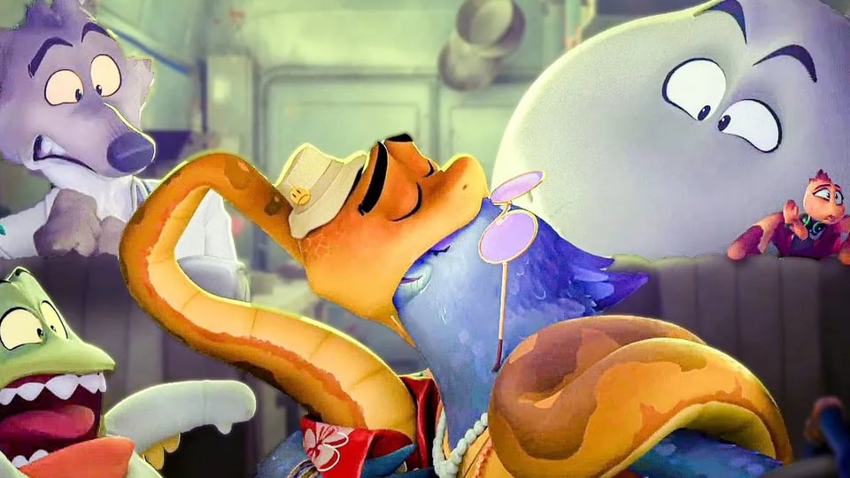 A scene from The Bad Guys 2 in which a snake makes out with a bird, while a bunch of other animal characters watch. The snake has a little fedora, the bird has hippie glasses