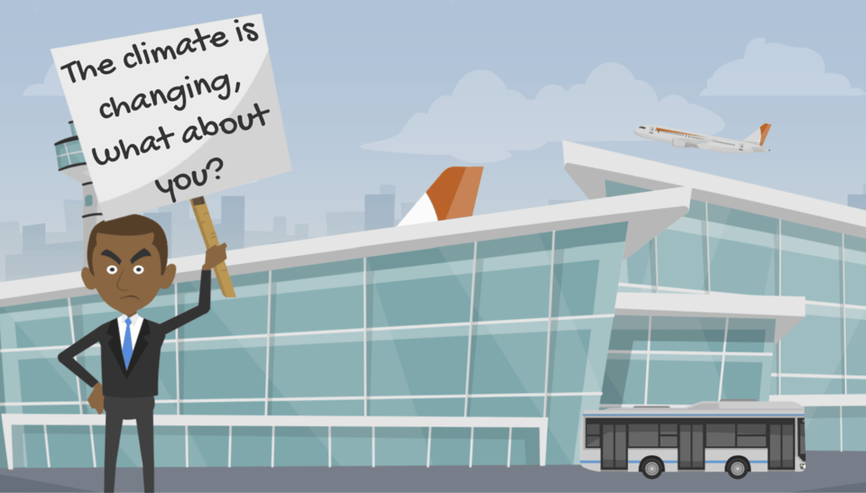 A stylised illustration of a man in a suit protesting outside an airport, with a sign saying The climate is changing, what about you?