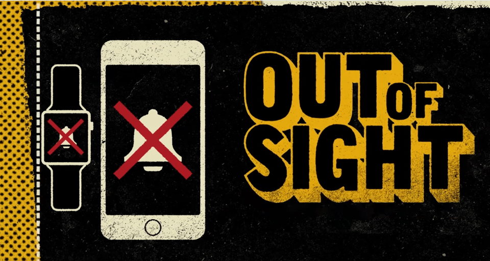 A graphic showing an Apple Watch and an iPhone with the words Out of Sight