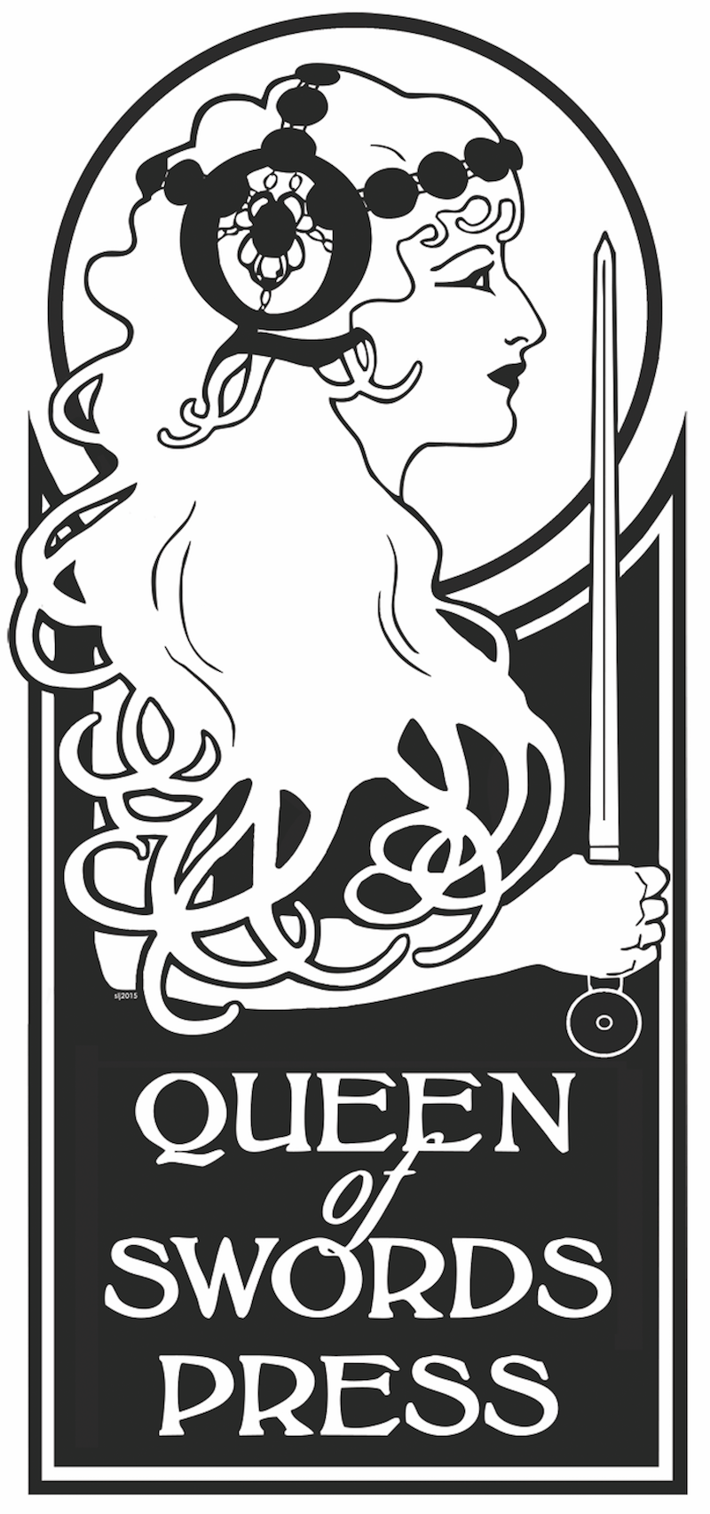 The Queen of Swords Press logo, a long-haired woman holding a sword.
