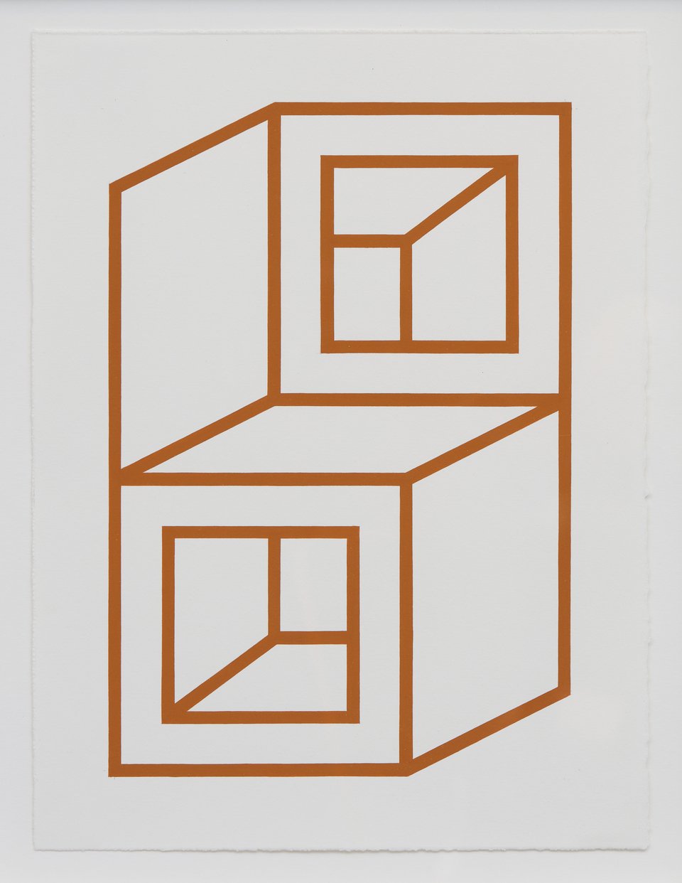 brown line painting on white paper of a concrete block with impossible perspective