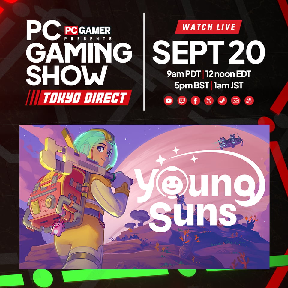 Our key art—a light-skinned person in a spacesuit and holding a large wrench looking over their shoulder and into the camera and smiling—in a frame for the PC Gaming Show. Text reads: PC Gamer Presents PC Gaming Show Tokyo Direct; Watch Live September 20; 9 AM PDT, 12 Noon EDT, 5 PM BST, 1 AM JST.