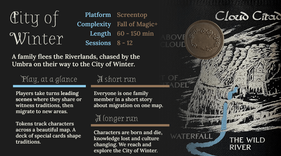 A pitch slide for City of Winter, with a beautiful screenprinted map in the background. Text reads: A family flees the Riverlands, chased by the Umbra on their way to the City of Winter. Play, at a glance: Players take turns leading scenes where they share or witness traditions, then migrate to new areas. Tokens track characters across a beautiful map. A deck of special cards shape traditions. A short run: Everyone is one family member in a short story about migration on one map. A longer run: Characters are born and die, knowledge lost and culture changing. We reach and explore the City of Winter.