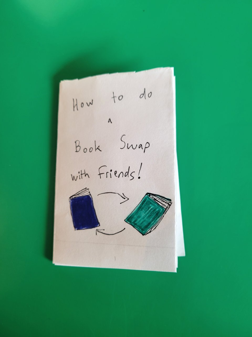 mini-zine on white paper that says "How to do a book swap with friends!" with two books and arrows connecting them
