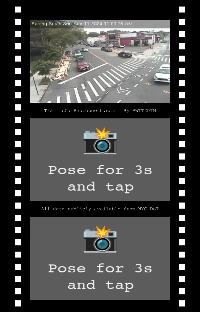 A composite image composed of three frames stacked one on top of another. The top is a a picture taken by a surveillance camera, looking downwards at an intersection, or several cars wait apparently a stoplight while a white car goes through the intersection. Beneath it is a box with a camera icon and text saying "pose for three seconds and tap". There is another box beneath that with the exact same image in text. There are small white boxes going up and down the far left and far right of the image, a graphic-design touch that makes the overall image look like a piece of old-fashioned film from a camera.