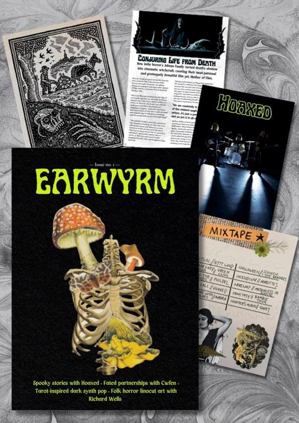 A grey and white marbled paper background with the front page of the earwyrm zine in prime position. Behind it are four pages pulled out to showcase some folk horror linocut artwork, a playlist, and two interviews.