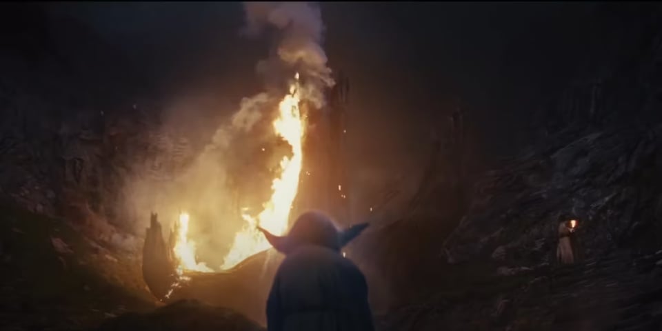 A still from The Last Jedi with Yoda watching shit burn. Fun, watching shit burn is!