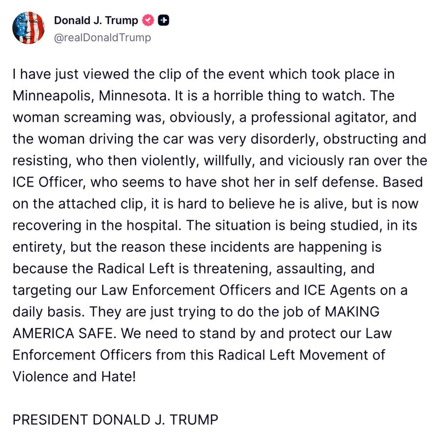 Trump plays judge and jury on woman’s death at the hands of ICE in Minneapolis.