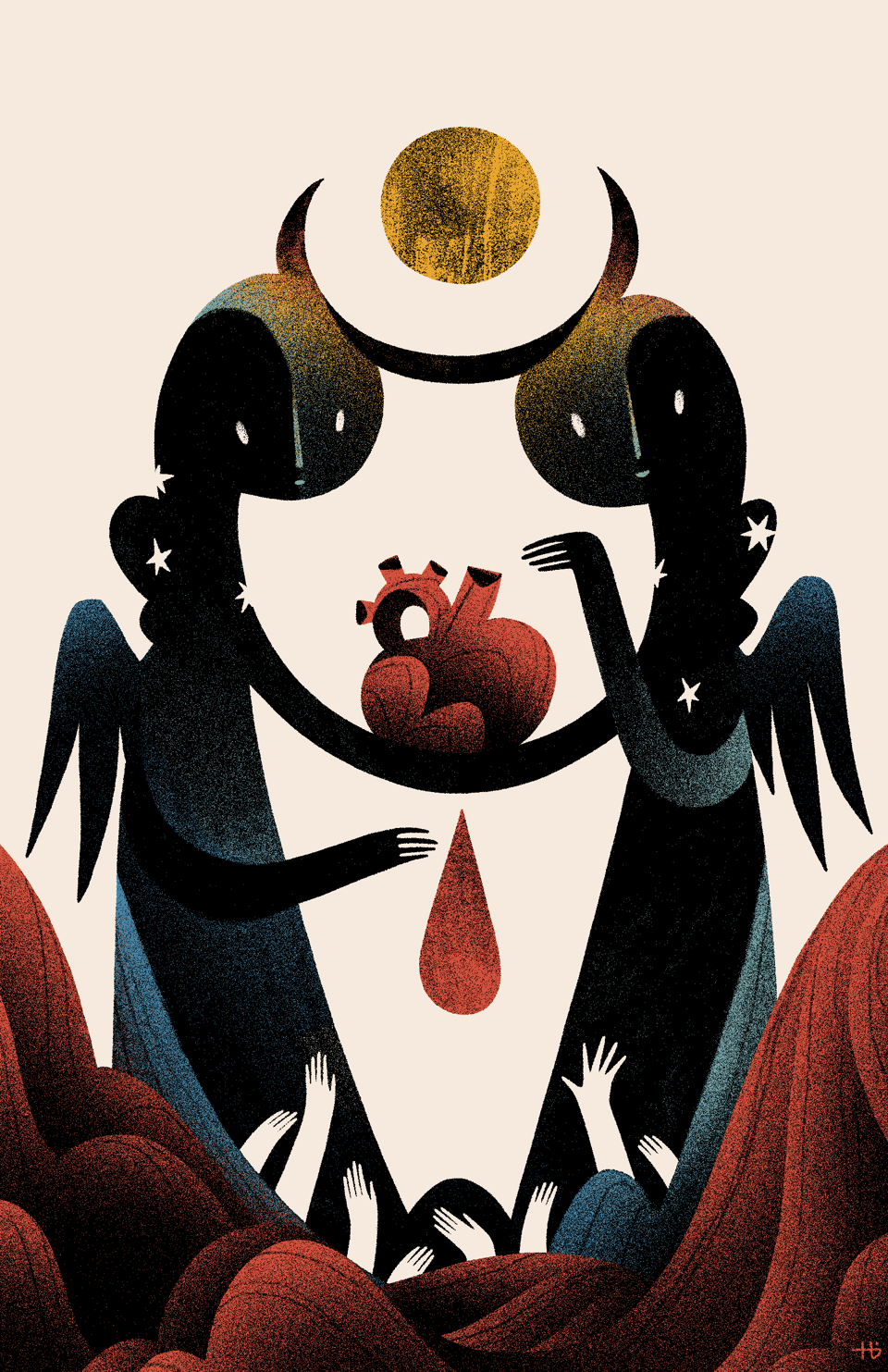 Two horned angels hold a dripping heart. The frame below fills with blood, and several hands reach desperately above the tide.