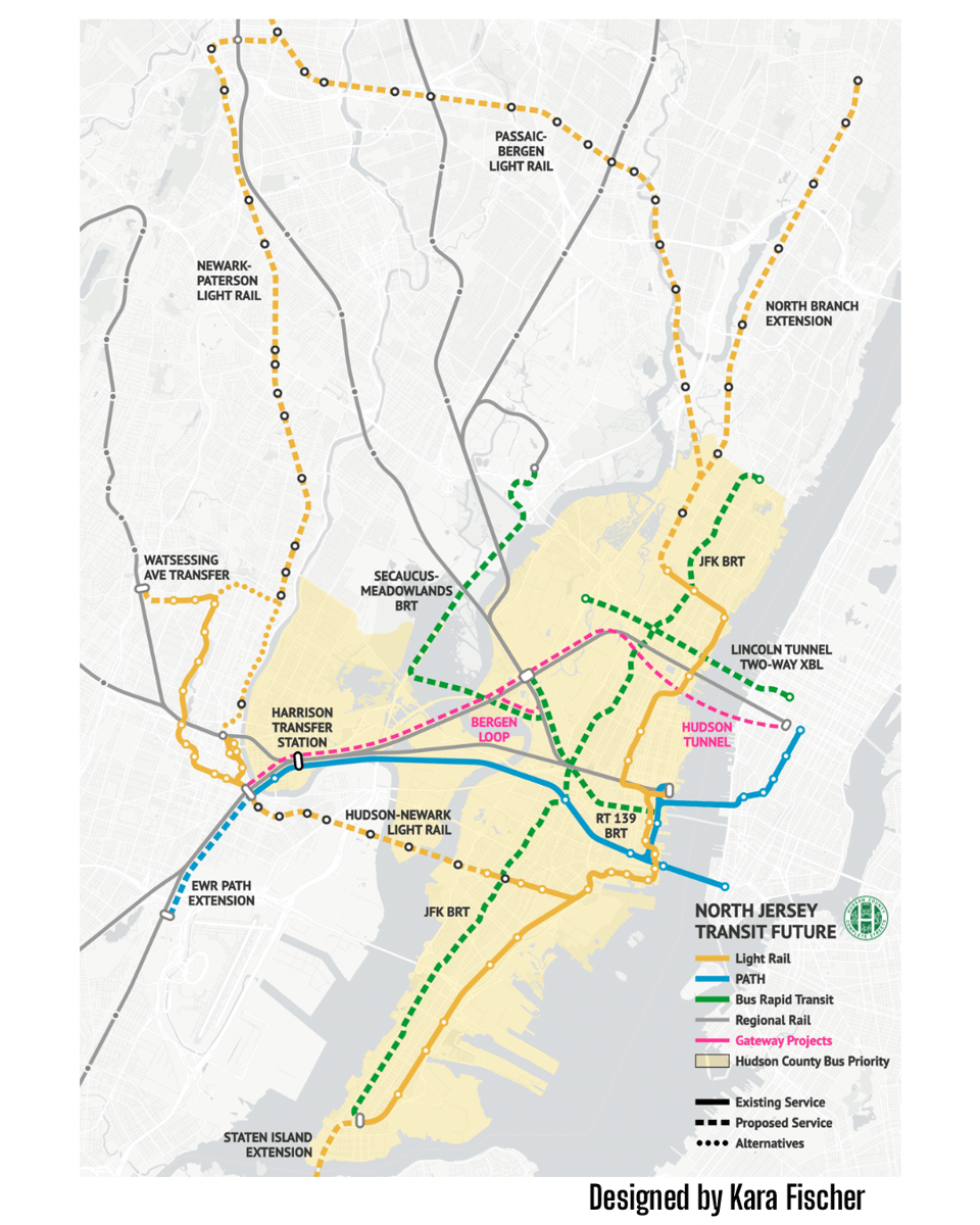 Kara Fischer’s map of how transit in North Jersey could look if we secure the necessary funding and political will!