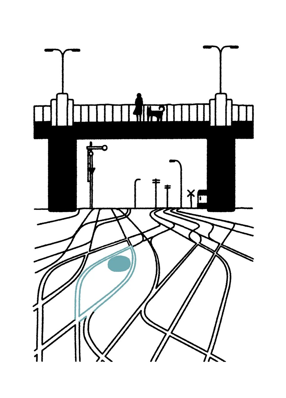 Pablo Amargo’s illustration for my Crime & Mystery March column, depicting a woman and her dog on a bridge overlooking streetcar tracks