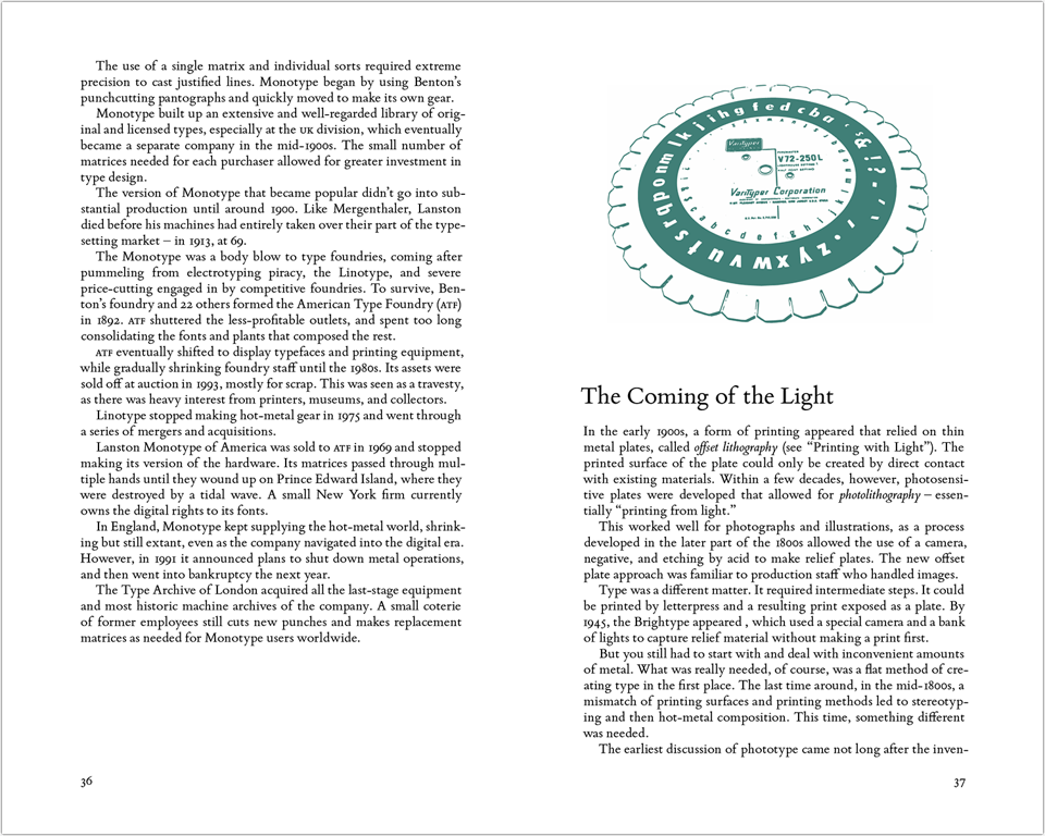 Two-page spread from preview of Six Centuries book: at left a page of text explaining the end of hot-metal type and type casting. At right, a photograph made into an illustration of a VariTyper type disk showing letters around its center that could be exposed for phototypesetting, and the start of a chapter called The Coming of the Light.