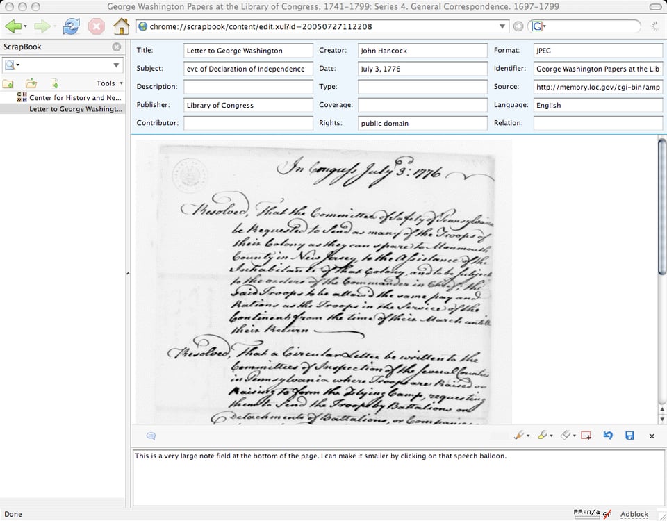 A web browser shows a handwritten letter from 1776, and a window above it shows the metadata about that letter.